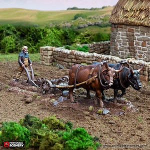 dnd RESIN Oxen and Plow with Farmer from King and Country Village Medieval Crop Farm Tabletop Scatter Terrain RPG D&D Dungeons and Dragons