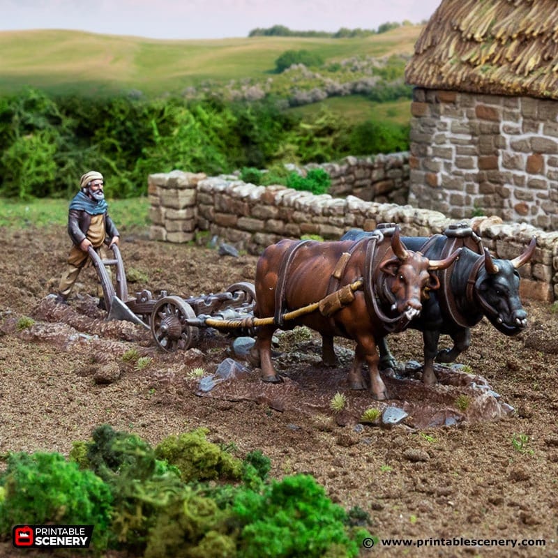 dnd RESIN Oxen and Plow with Farmer from King and Country Village Medieval Crop Farm Tabletop Scatter Terrain RPG D&D Dungeons and Dragons