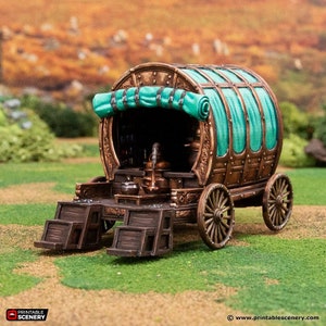May include: A wooden wagon with a teal canvas top and a wooden interior. The wagon has two wooden steps and two large wheels. The wagon is on a green grassy surface.