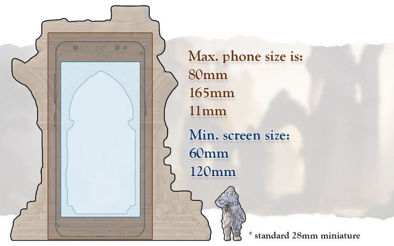 Peut inclure: Diagramme montrant la taille maximale du t&eacute;l&eacute;phone et la taille minimale de l'&eacute;cran pour qu'un t&eacute;l&eacute;phone puisse tenir dans un support de t&eacute;l&eacute;phone. Le support de t&eacute;l&eacute;phone est en forme de porte avec un sommet arqu&eacute;. Le diagramme comprend des mesures en millim&egrave;tres. Une figurine miniature de 28 mm est repr&eacute;sent&eacute;e &agrave; l'&eacute;chelle.