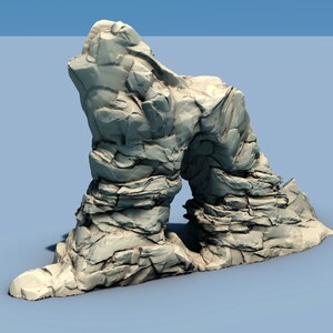May include: A light gray rock formation with an archway. The rock appears to be layered and textured, with a rough, weathered appearance. The archway is formed by the natural erosion of the rock, creating a unique and interesting shape.
