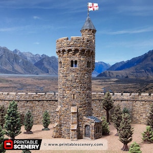 May include: A detailed model of a stone castle tower with a small attached building and a flag. The tower is made of various shades of brown stone and has a conical roof. A white flag with a red cross flies from the top. The model is surrounded by trees and a stone wall.