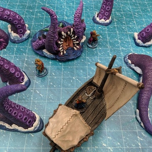 May include: A purple and white miniature kraken with tentacles attacking a small wooden ship with a white sail. The kraken is attacking the ship with its tentacles. The ship is being pulled down by the kraken's tentacles. The kraken is a mythical sea monster.