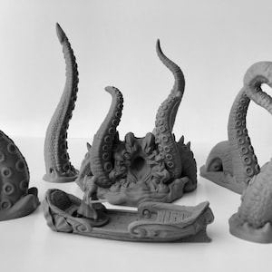 May include: A set of gray 3D printed miniature octopus tentacles and a small boat. The tentacles are curled and have suction cups. The boat is a simple design with a figure of a person in it.