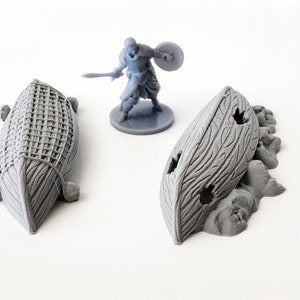 dnd Fishing Boat Set Broken Flipped Hull for Beach Tabletop Scatter Terrain RPG Dungeons and Dragons Games | 28mm Miniature Ship Rowboat