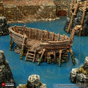 dnd Shipwrecked Longboat with Rubble Ramshackle and Ruin Scatter Tabletop RPG Dungeons and Dragons Games | Shipwreck Wreck Boat Ship