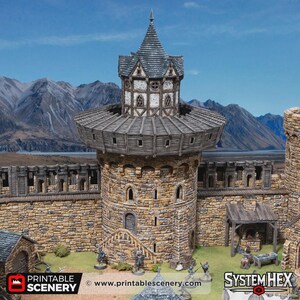 May include: A detailed model of a castle tower with a stone facade, wooden accents, and a conical roof. The tower features multiple levels, windows, and a surrounding wall. The scene includes miniature figures and a backdrop of mountains and a blue sky.