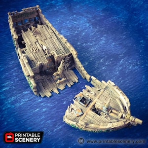 dnd Shipwreck Wrecked Ship Wargaming Boat  Tabletop Scatter Terrain RPG Dungeons and Dragons Games | 28mm Miniature Boat