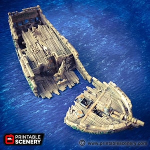 dnd Shipwreck Wrecked Ship Wargaming Boat Tabletop Scatter Terrain RPG Dungeons and Dragons Games 28mm Miniature Boat image 1