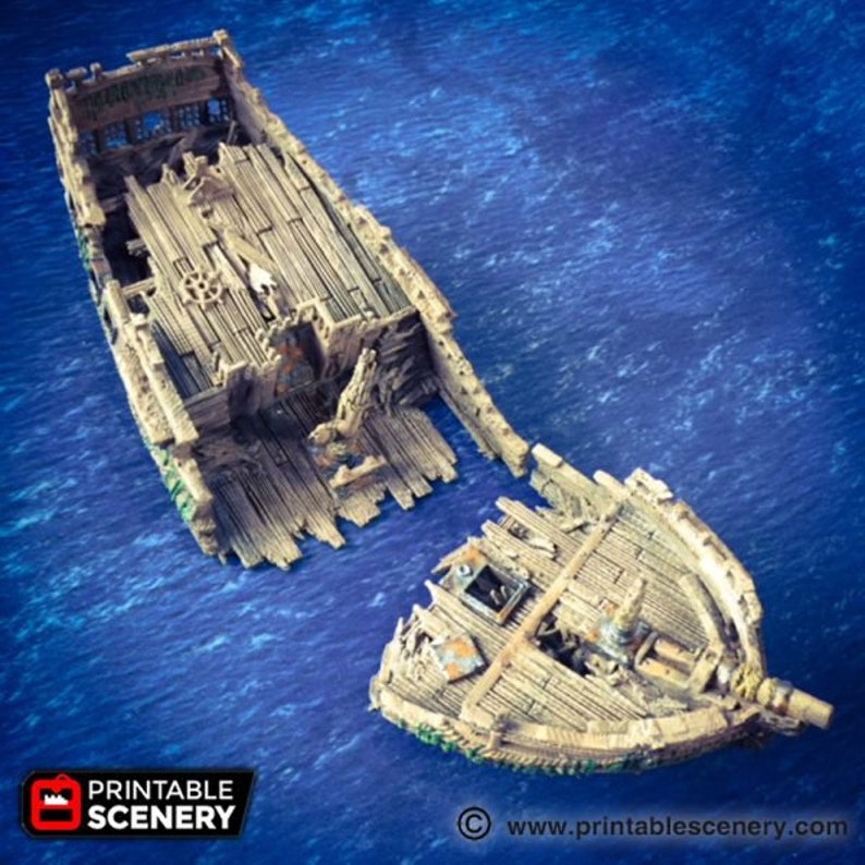 dnd Shipwreck Wrecked Ship Wargaming Boat Tabletop Scatter Terrain RPG Dungeons and Dragons Games 28mm Miniature Boat image 1