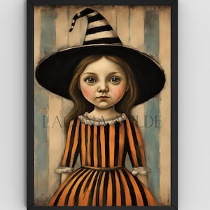 Halloween-Wand-Kunst-Hexe Wand-Kunst-Vintage Halloween-Hexe-Druckbare Hexe-Hexe Wand-Dekor-Digitale Halloween-Kunst Süße kleine Mädchen-Hexe