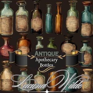 Antique Apothecary Bottles Clip Art Bottle Junk Journal Elements Digital Bottles Colored Bottles with labels Old Witchy Bottle with labels