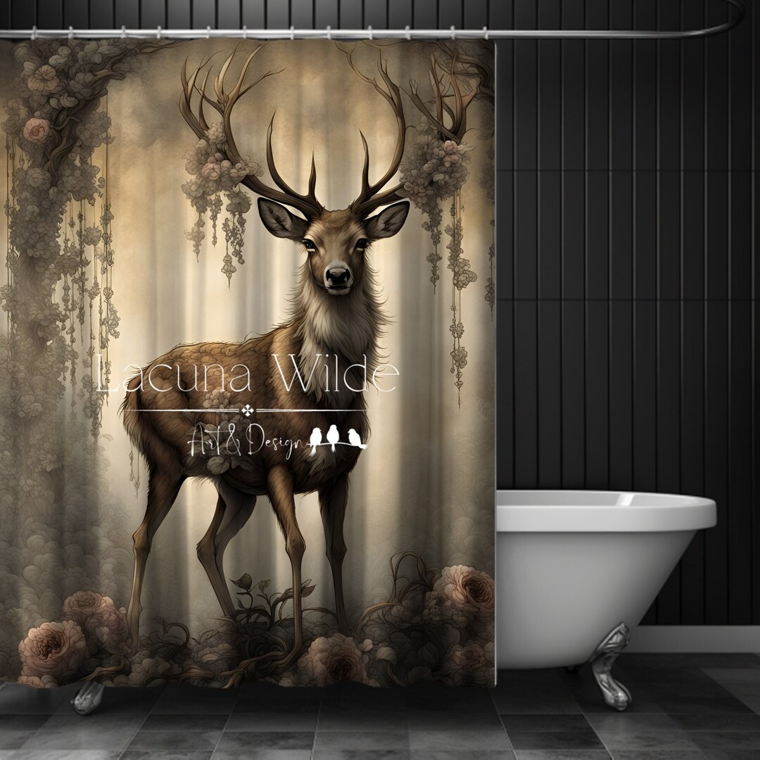 Deer in the Forrest Fabric Shower Curtain Mystical Fantasy Floral