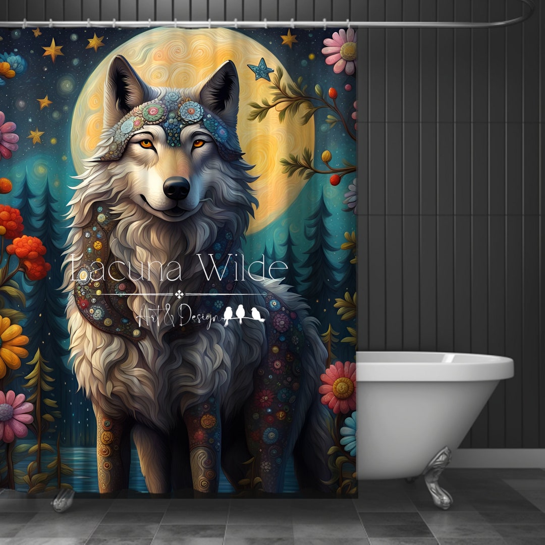 Beautiful Whimsy Majestic Gray Wolf Fabric Shower Curtain Wolf Bathroom