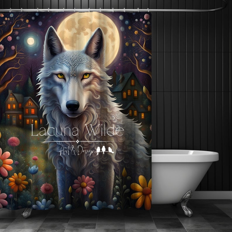 Whimsy Magical Wolf Fabric Shower Curtain Majestic Gray Wolf Bathroom