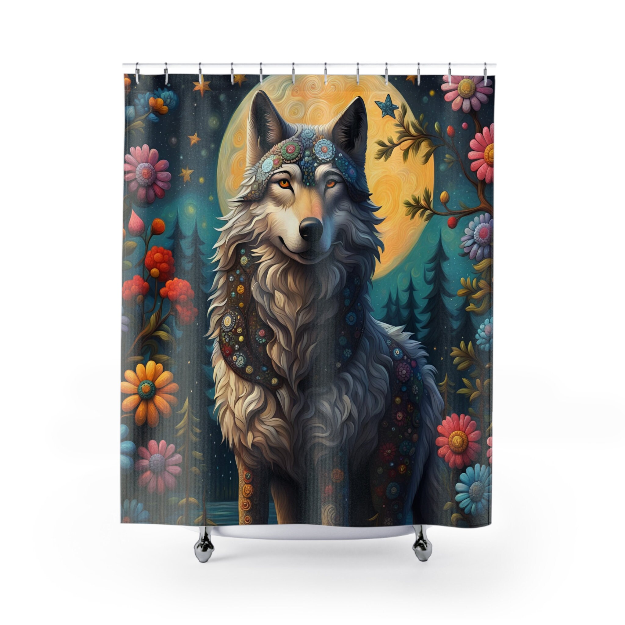 Beautiful Whimsy Majestic Gray Wolf Fabric Shower Curtain Wolf Bathroom