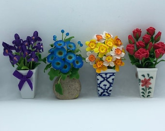 Set of 4 - Floral Refrigerator Magnets: Miniature Flower Arrangements