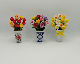 Imanes florales de primavera para nevera: Arreglos florales en miniatura de arcilla polimérica