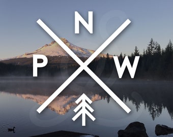 May include: A white graphic design with the letters "N" and "W" forming a cross with the letters "P" and "&" in the center. The graphic is reflected in a lake with a mountain in the background.