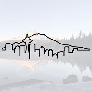Black outline Seattle skyline decal that features Mount Rainier in the background.