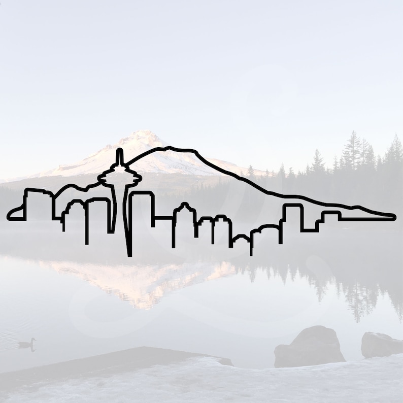Black outline Seattle skyline decal that features Mount Rainier in the background.
