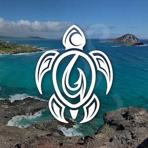 May include: White stylized illustration of a turtle with a fishing hook inside the shell. The turtle is against a backdrop of a blue ocean with a small island in the distance.