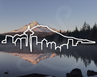 PNW Washington Mount Rainier Seattle Skyline Decal. Vinyl Decal Only. For Car Windows, Side Doors, Camper, Cargo Box, Laptop.