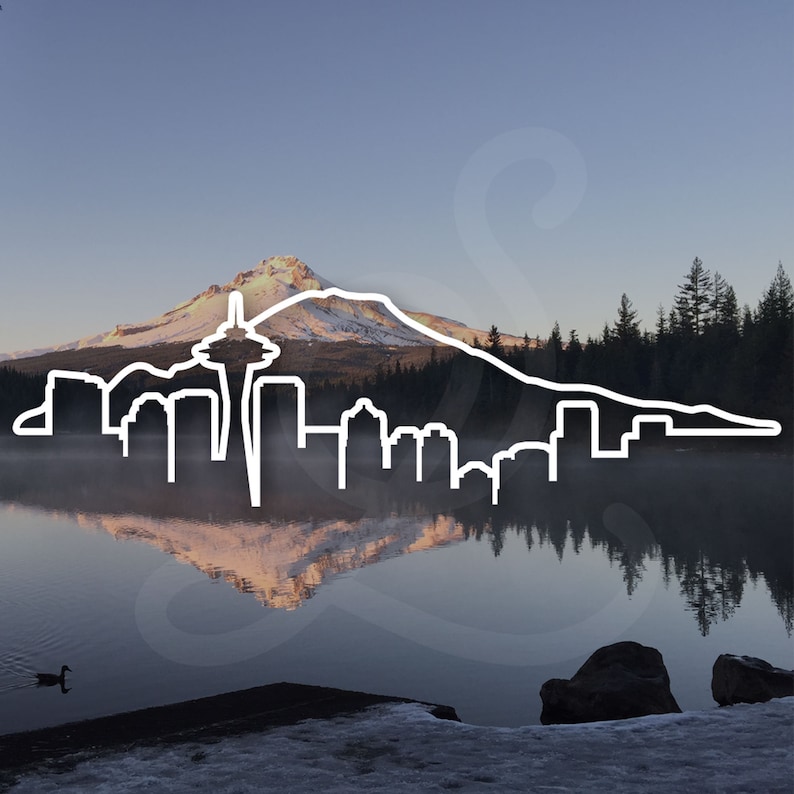 White outline Seattle skyline decal that features Mount Rainier in the background.