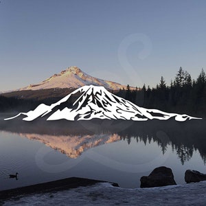 May include: A white silhouette of a mountain with snow on the peak, reflected in a still lake with a single duck swimming in the foreground. The mountain is set against a blue sky with a distant mountain range in the background.