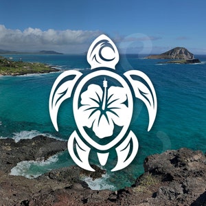 May include: A white graphic decal featuring a stylized sea turtle with a hibiscus flower design on its shell and a wave symbol on its head, layered over a scenic coastal view of a blue ocean, rocky shoreline, and a distant island under a clear sky.