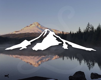 May include: A white silhouette of a mountain peak reflected in a still lake with a dark green forest in the background.
