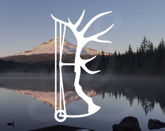 Compound Bow Hunting Antlers Decal - Style A. Vinyl Decal Only. For Vehicle Windows, Side Doors, Camper, Hunting Gear, Cooler, Water Bottle.