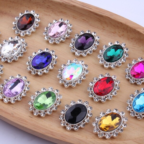 En gros 20 pièces 22*27 MM nouveau-né Chic argent brillant Flatback boutons pour mariage cristal ovale strass bouton embellissement