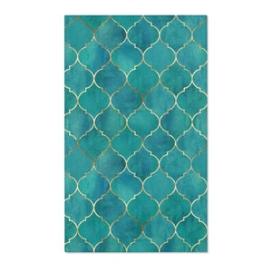 May include: Teal and gold geometric pattern with a watercolor effect. The pattern is made up of repeating squares with a quatrefoil design in the center.