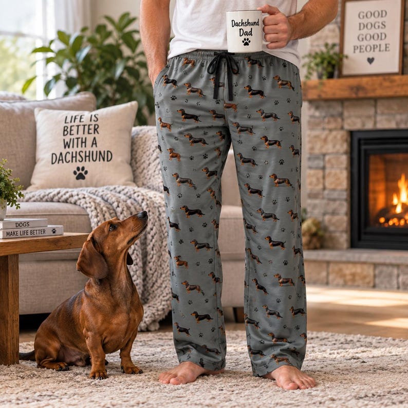 May include: Grey lounge pants featuring an all-over print of black and tan dachshund dogs and small black paw prints. The pants have a black drawstring at the elastic waistband. The fabric is patterned with multiple dachshunds in various poses.