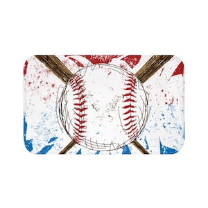 May include: A white baseball with red stitching and two crossed brown baseball bats on a red, white, and blue distressed background.