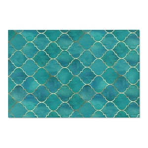 May include: Teal blue and gold geometric pattern with a watercolor effect. The pattern is made up of repeating squares with rounded corners and a gold outline.