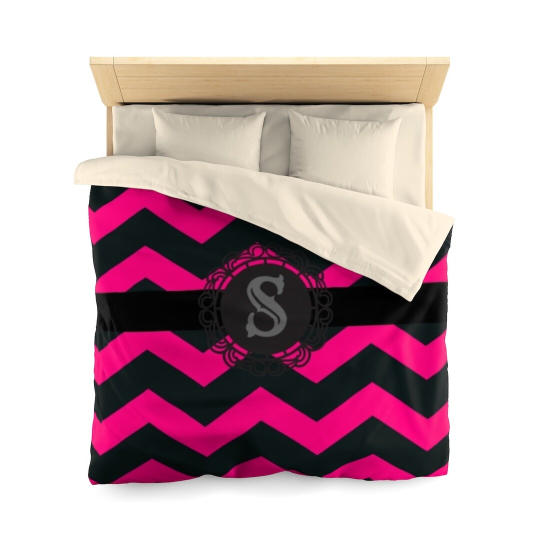 Pink and Black Chevron Monogram Microfiber Duvet Cover - Etsy