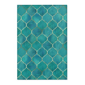 May include: Teal blue and gold geometric pattern with a watercolor effect. The pattern is made up of repeating squares with a quatrefoil design in the center.