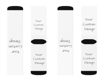 May include: Four white socks with black tops and black bands around the middle. The socks have the text "Your Custom Design" printed on them.