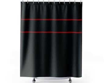 Tenda da doccia nera elegante con strisce rosse, arredo moderno per il bagno, accessorio elegante per la casa, regalo per inaugurazione della casa, design minimalista