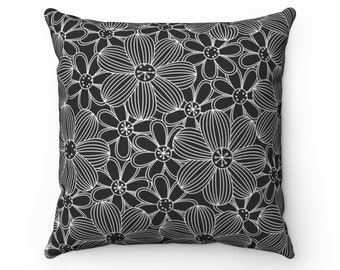 Almohada cuadrada de poliéster floral negro