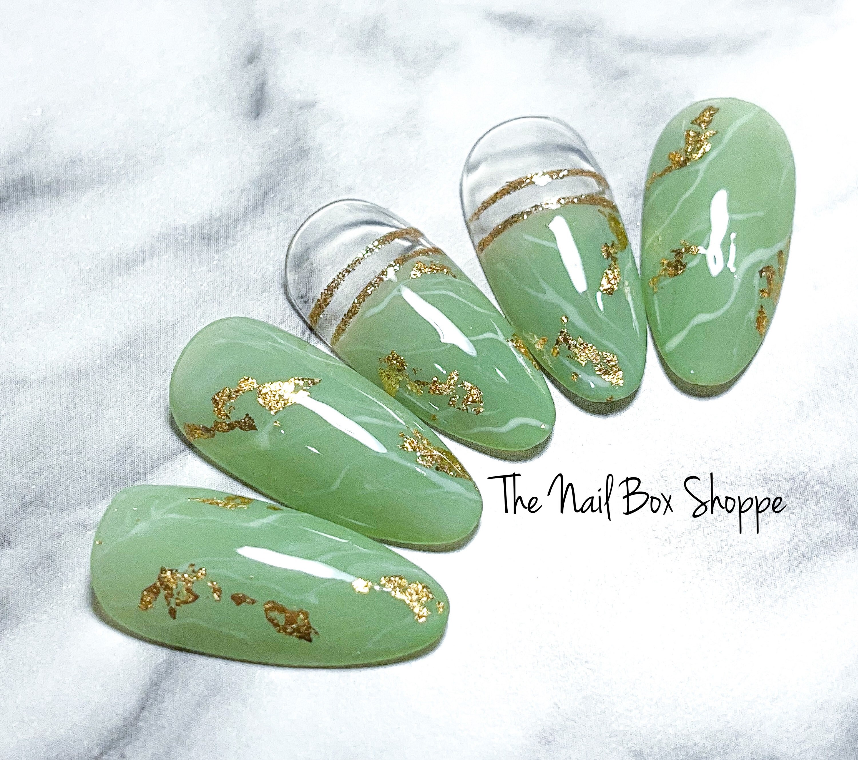 Mint Green and Nude Marble Hand-painted Press on Nails 