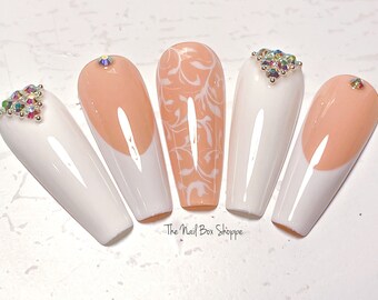 Filigree French Tip Press On Nails: Custom Gel Nail Art