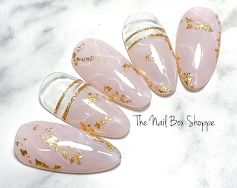 Press on nails/ custom nails/ pink quartz marble nails/ nail art/ pink marble nails/ gel nails/ abstract nails/ gold foil