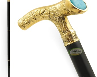 Bastón de madera negro hecho a mano: mango de latón Derby con turquesa