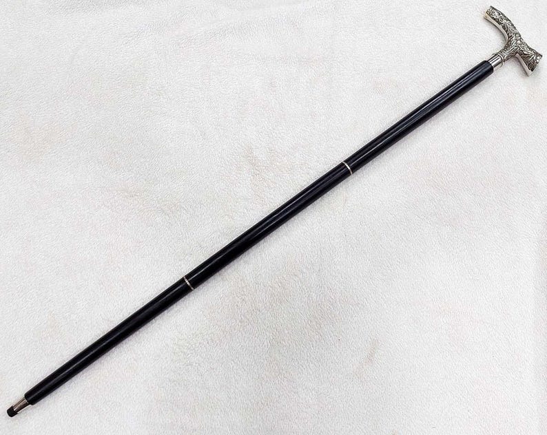 Puede incluir: Un bast&oacute;n negro con un mango de metal plateado en forma de cabeza de p&aacute;jaro.