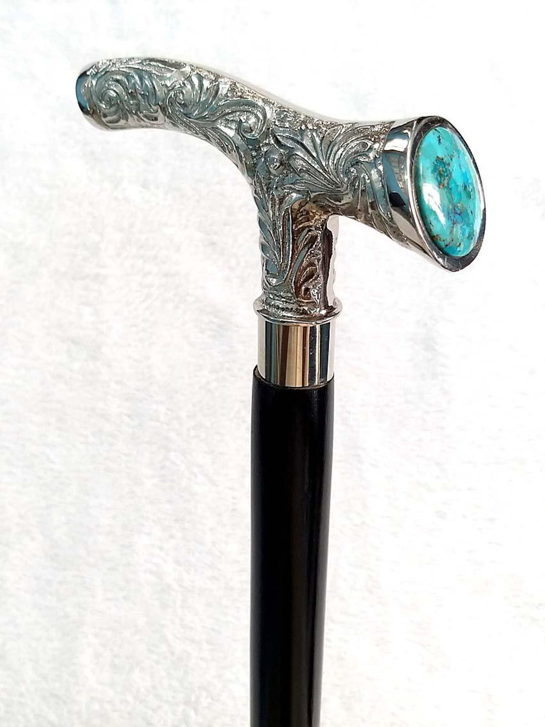 Handmade Black Wooden Walking Cane: Derby Brass Handle With Turquoise ...