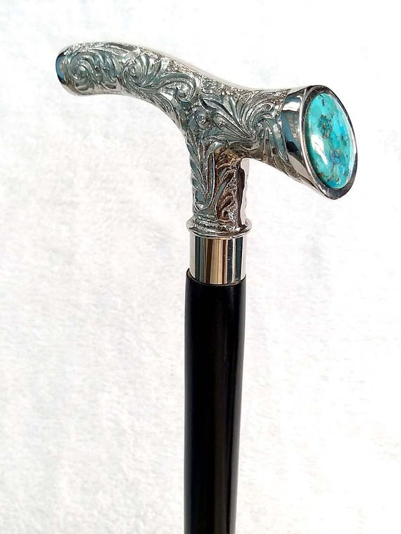 Handmade Black Wooden Walking Cane: Derby Brass Handle with Turquoise