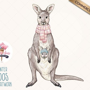 Winter Animal Clipart, Winter Kangaroos Australian Animal Clipart, Kangaroo PNG Illustration for Sublimation, Scrapbooking and Crafts
